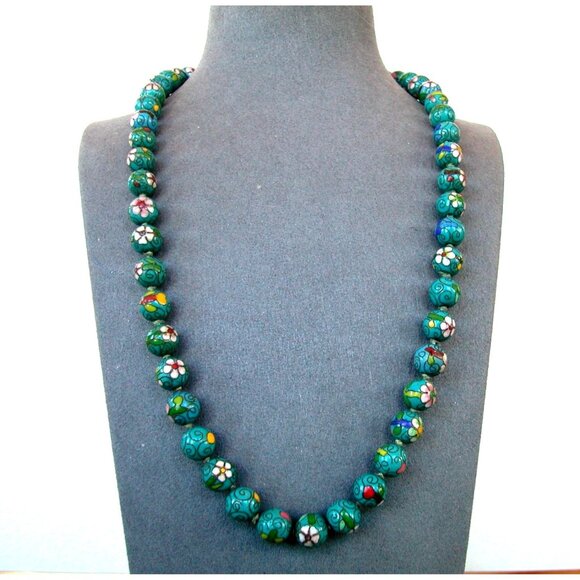Vintage Cloisonne Beaded Necklace Floral Motifs & Turquoise 22" - Picture 1 of 4
